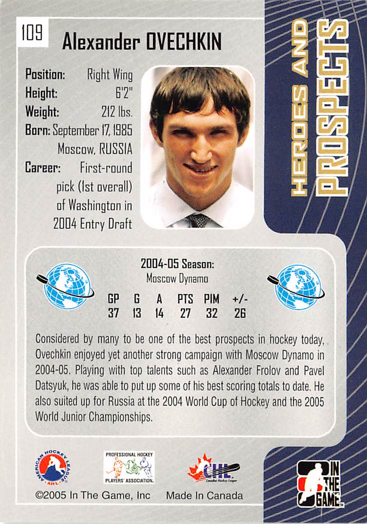 2005 In The Game Heroes and Prospects Alexander Ovechkin Rookie #109 Moscow