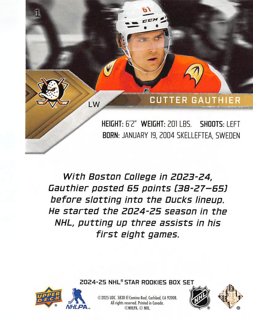 2024-25 Upper Deck Star Rookies Box Set Cutter Gauthier #1 Anaheim Ducks
