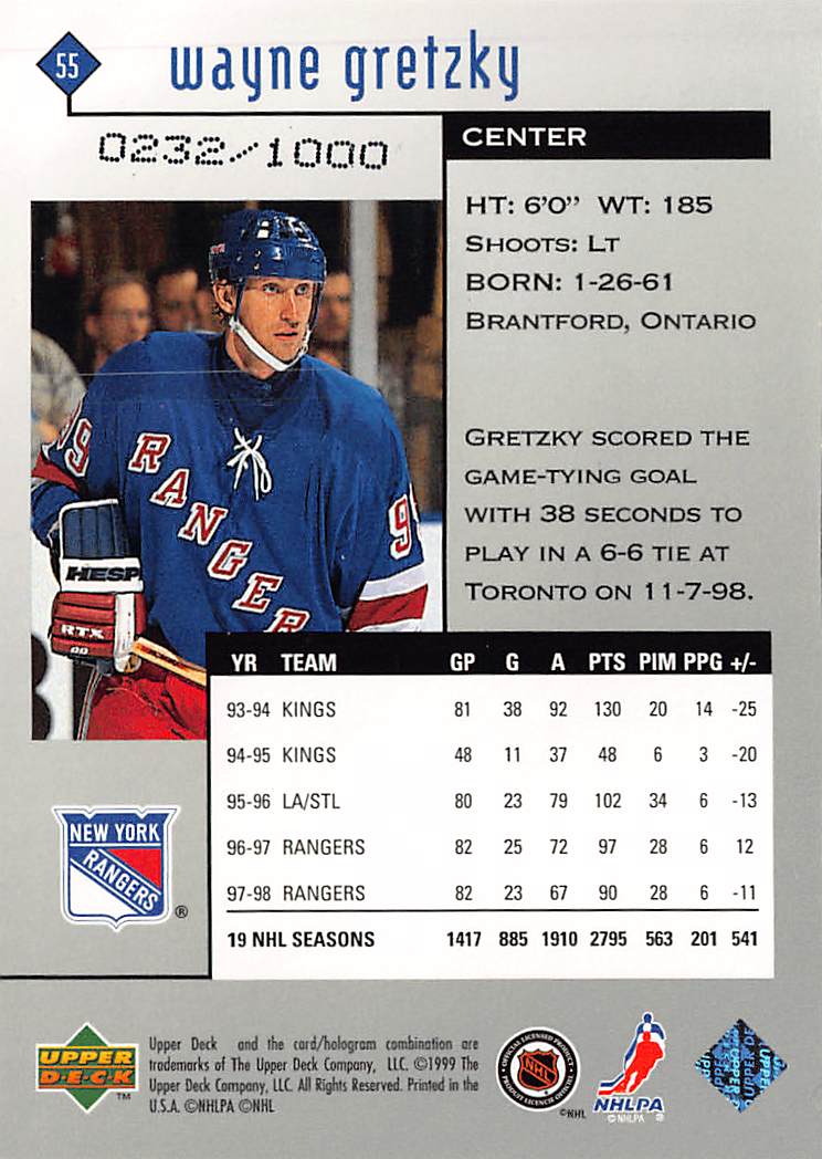 1999-99 Upper Deck Black Diamond Wayne Gretzky 0232/1000 #55 New York Rangers