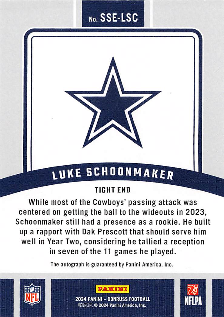 2024 Donruss Signature Series Luke Schoonmaker #SSE-LSC Dallas Cowboys