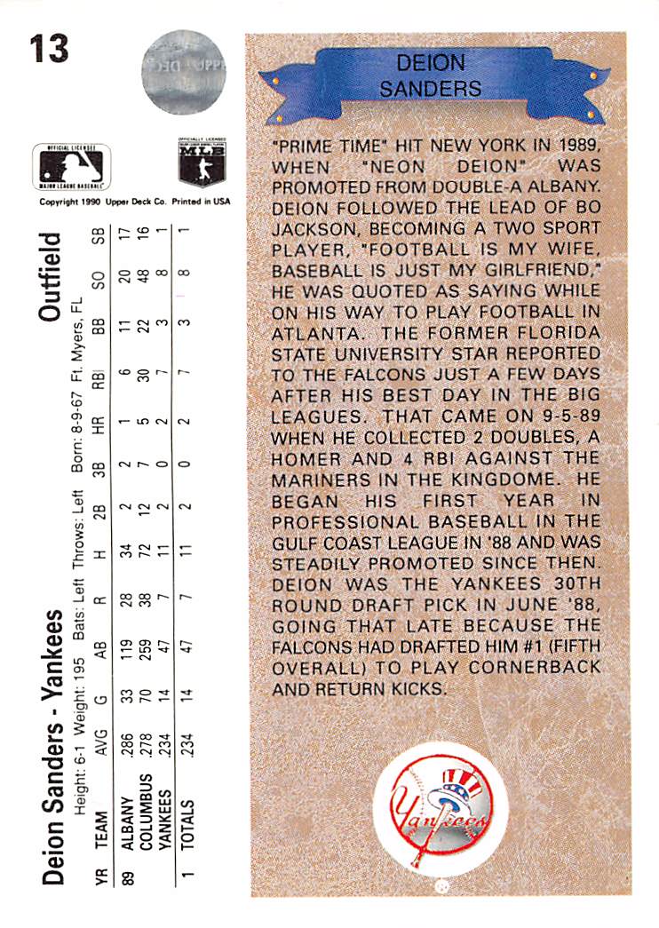 1990 Upper Deck Deion Sanders Rookie #13 New York Yankees