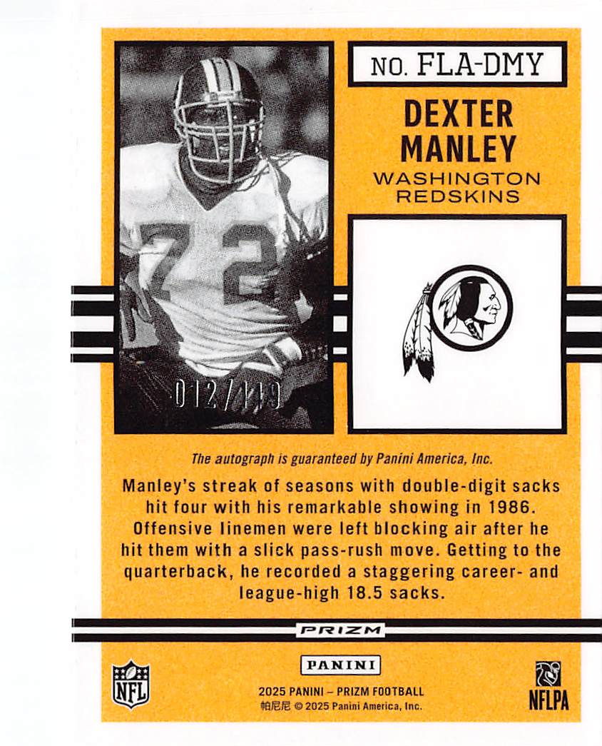 2025 Panini Prizm Dexter Manley Flashback Signatures Auto /199 #FLA-DMY Redskins