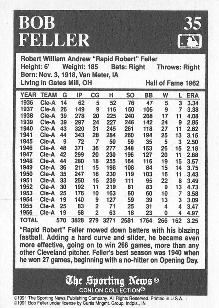 1991 The Sporting News Conlon Collection Bob Feller Autograph #35 Indians