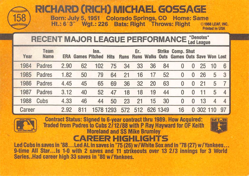 1988 Donruss Rich Gossage Autograph #158 Chicago Cubs