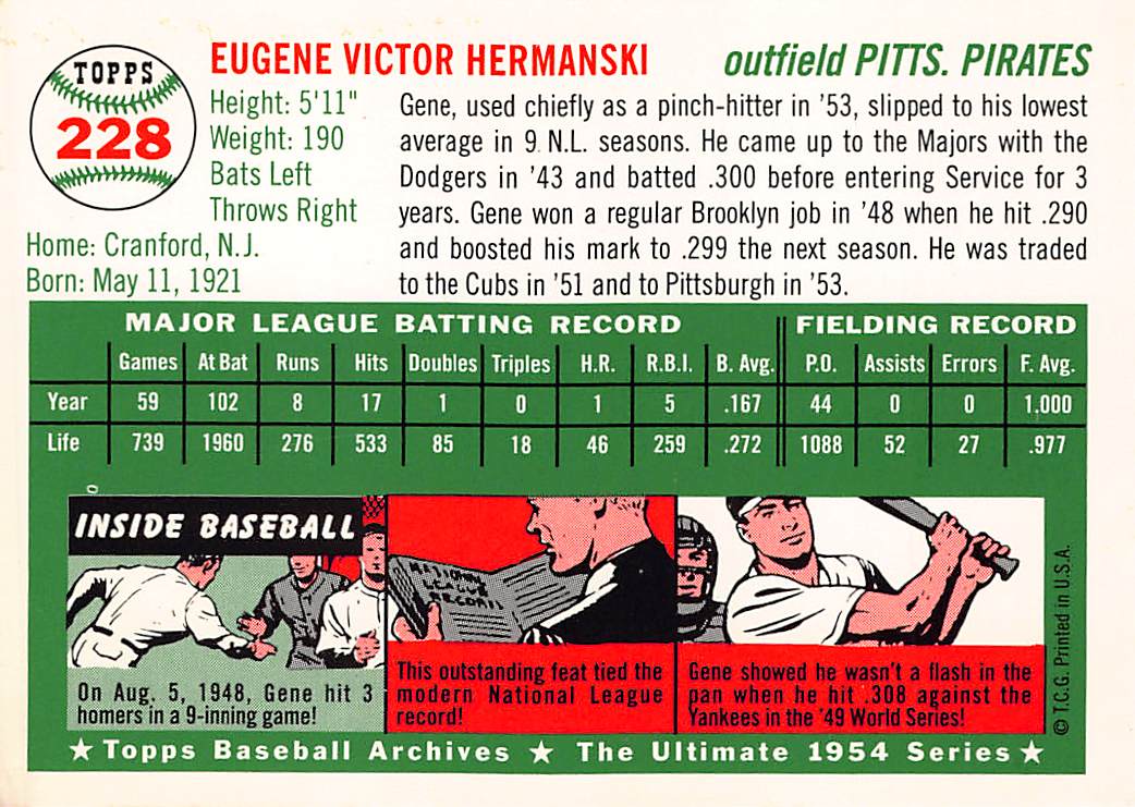 1994 Topps Archives 1954 Gene Hermanski Autograph #228 Pittsburgh Pirates