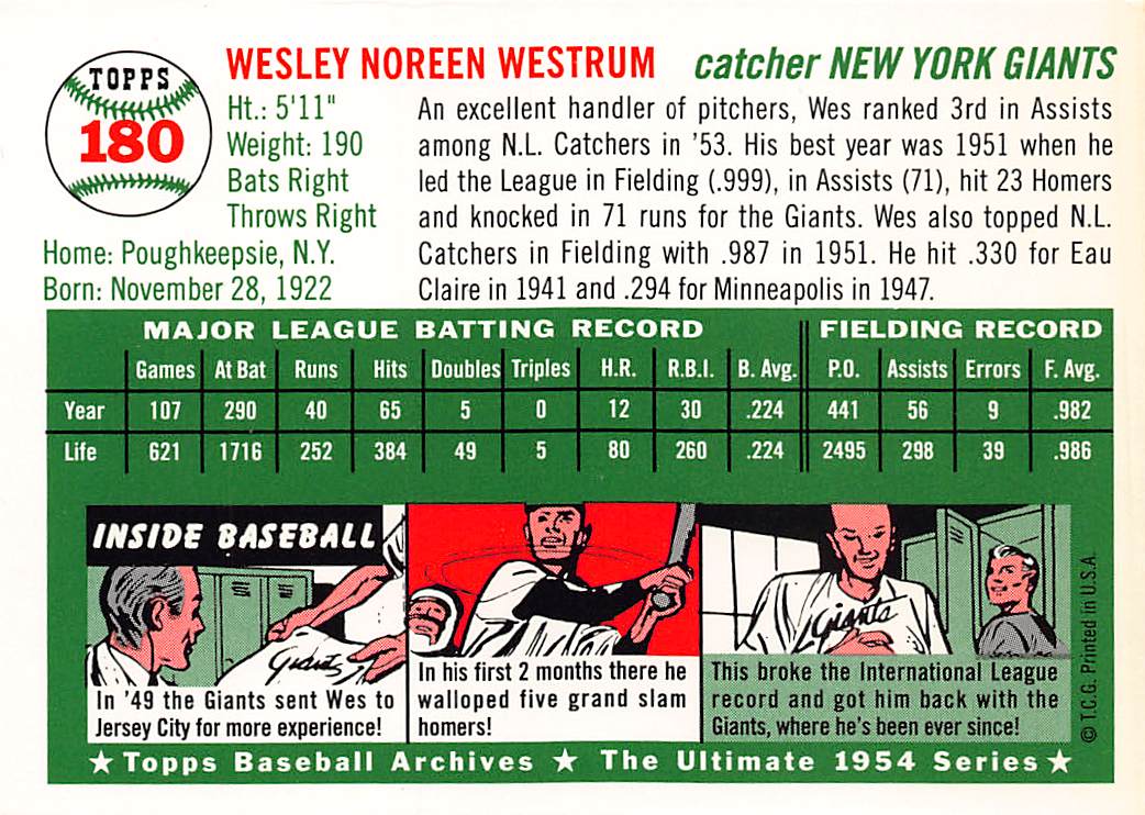1994 Topps Archives 1954 Wes Westrum Autograph #180 New York Giants