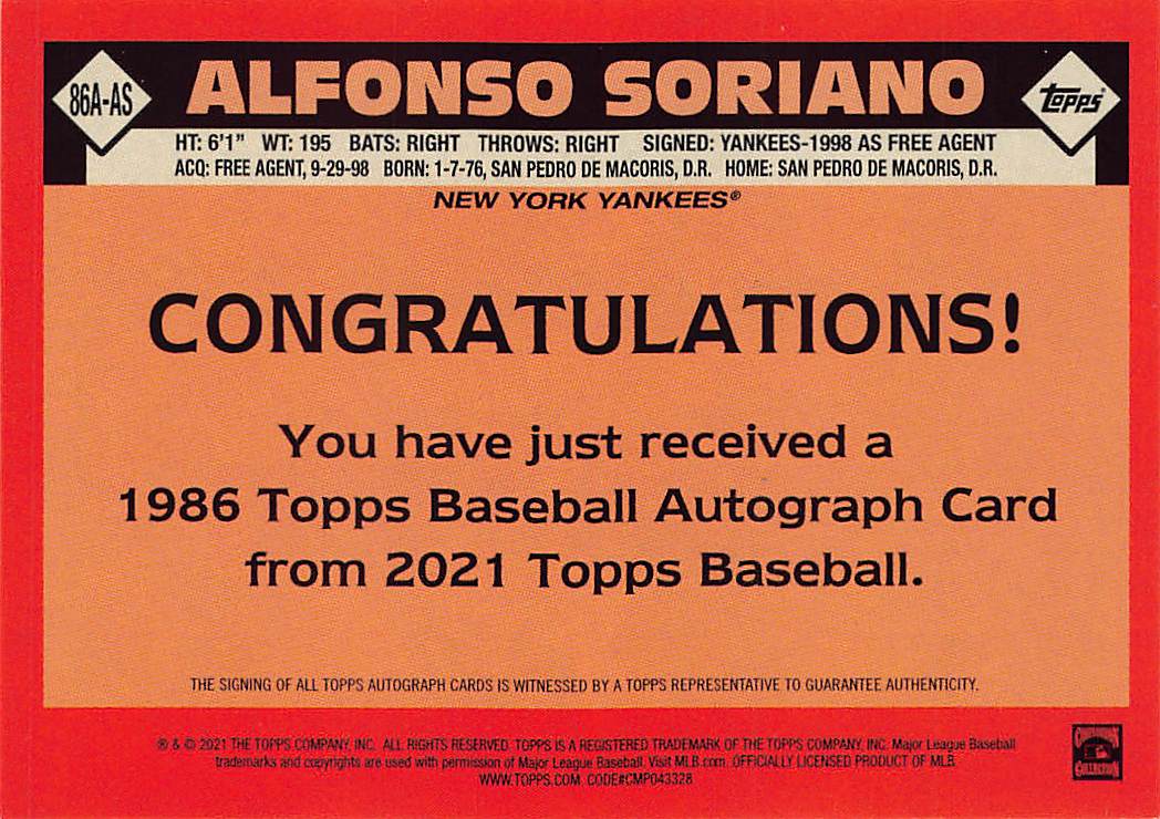 2021 Topps 1986 Topps Baseball Autographs Alfonso Soriano #86A-AS Yankees