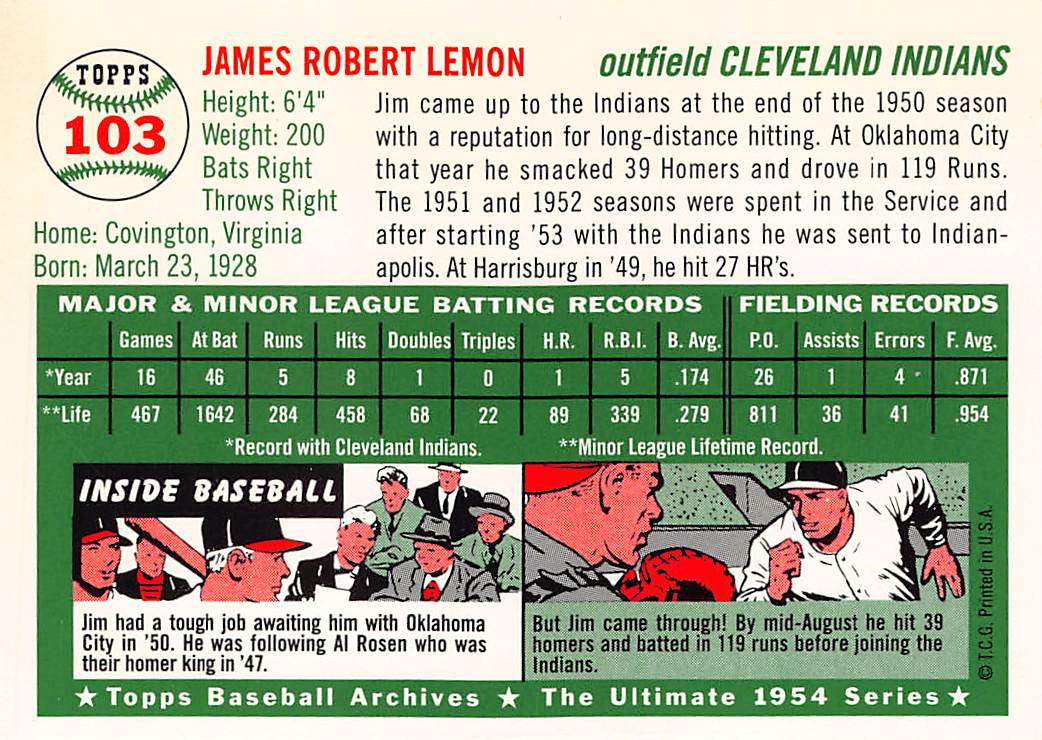 1994 Topps Archives Jim Lemon Autograph #103 Cleveland Indians