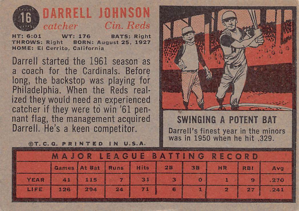 1962 Topps Darrell Johnson Autograph #16 Cincinnati Reds