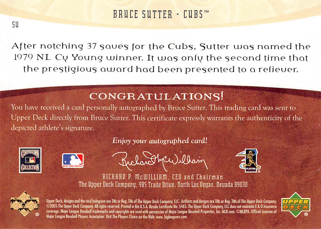 2005 Upper Deck Artifacts Auto Facts Bruce Sutter /350 #SU Chicago Cubs