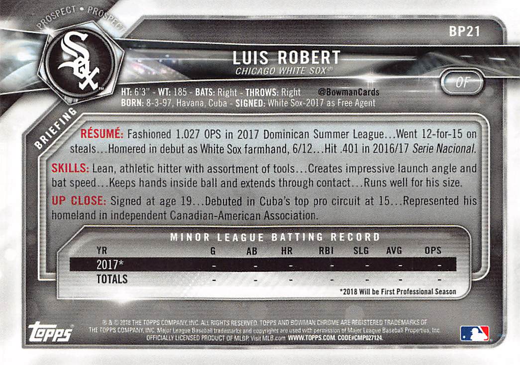 2018 Bowman Luis Robert Prospect Rookie #BP21 Chicago White Sox
