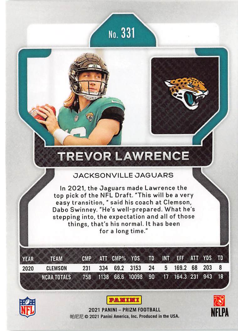 2021 Panini Prizm Football Trevor Lawrence Rookie RC #331 Jacksonville Jaguars