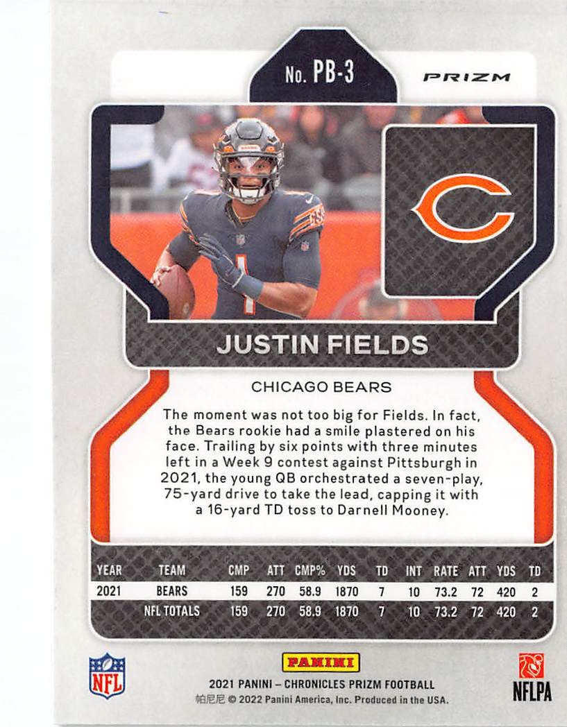 2021 Panini Chronicles Prizm Justin Fields Black Silver Rookie RC #PB-3 Bears