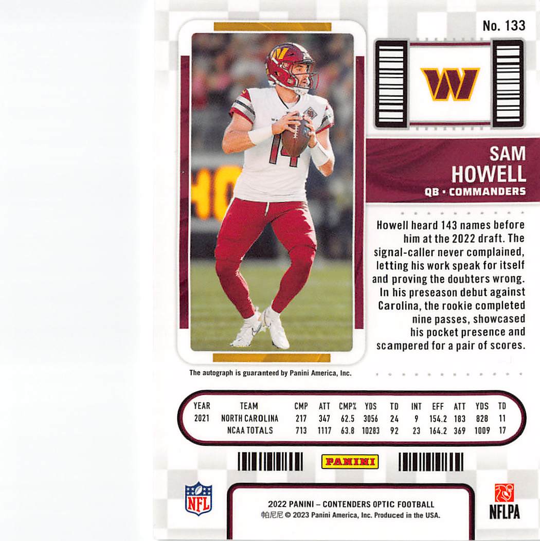 2022 Panini Contenders Optic Sam Howell Rookie Autograph RC #133 Commanders