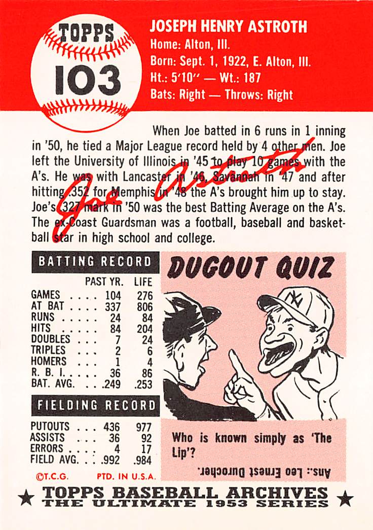 1991 Topps Baseball Archives Ultimate 1953 Joe Astroth Autograph #103 Athletics