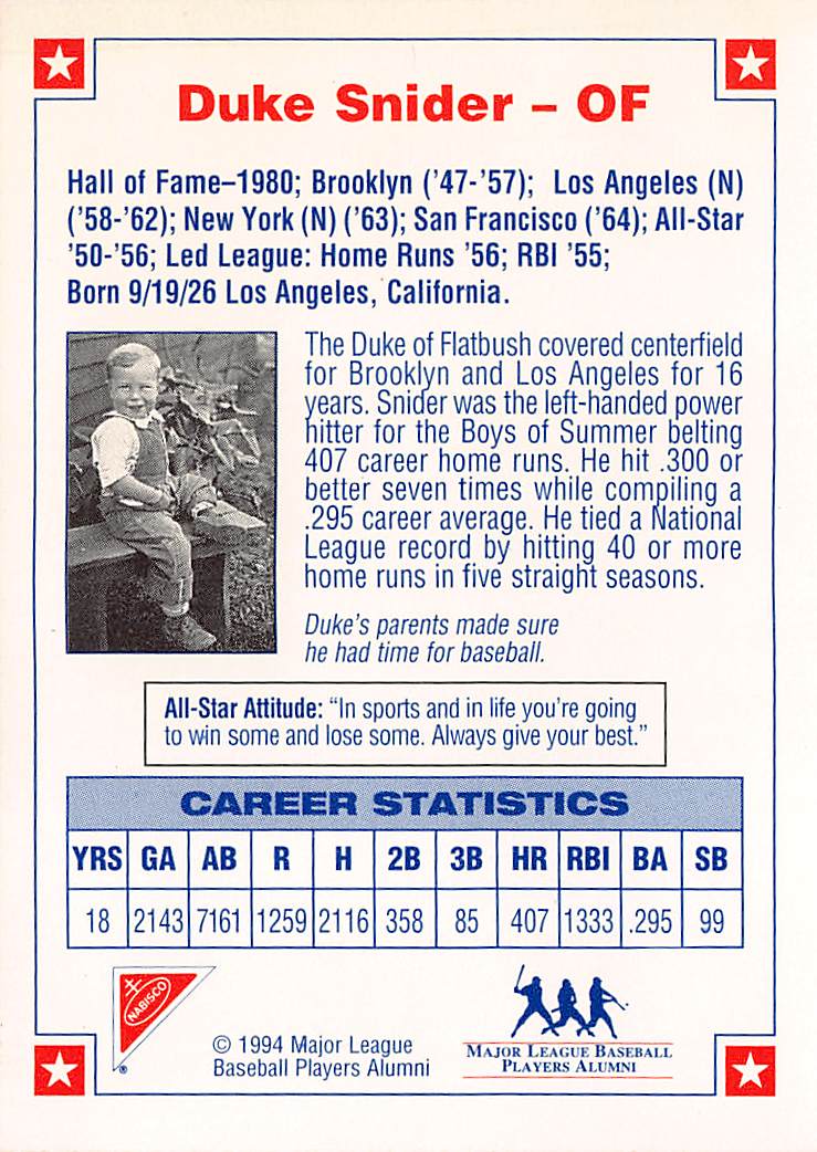 1994 Nabisco All-Star Legends Duke Snider Autograph Brooklyn Dodgers