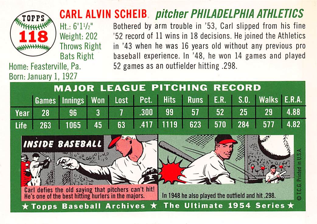 1994 Topps Baseball Archives Ultimate 1954 Carl Scheib Autograph #118 Athletics