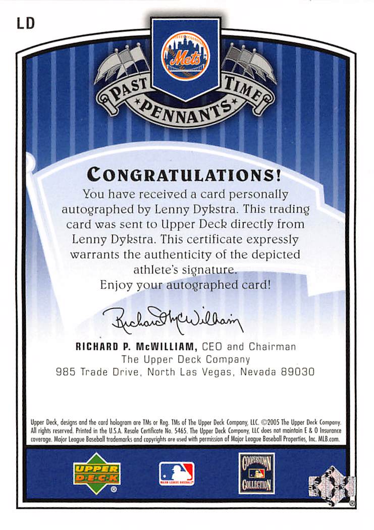 2005 Upper Deck Past Time Pennants Lenny Dykstra Autograph #LD New York Mets