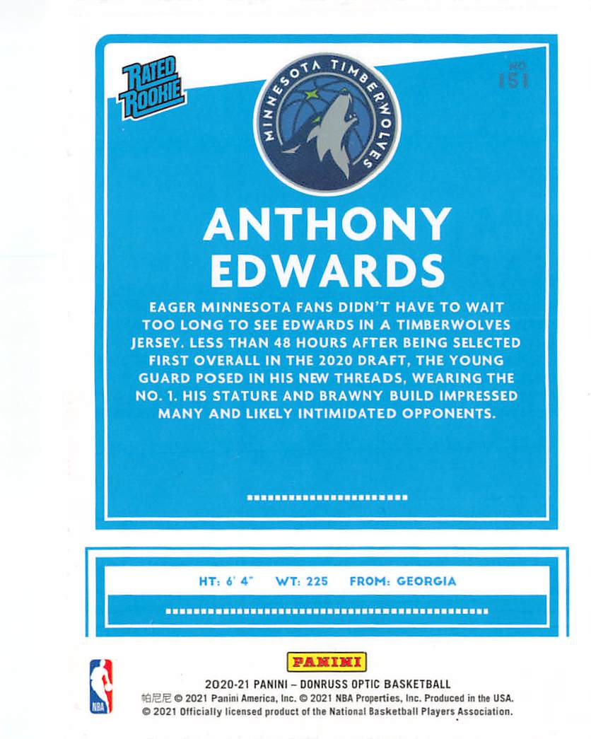 2020-21 Panini Donruss Optic Anthony Edwards Rookie #151 Minnesota Timberwolves