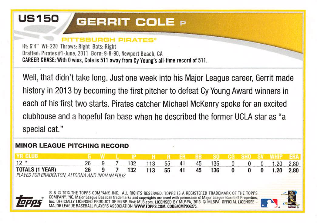 2013 Topps Update Series Gerrit Cole Rookie RC #US150 Pittsburgh Pirates