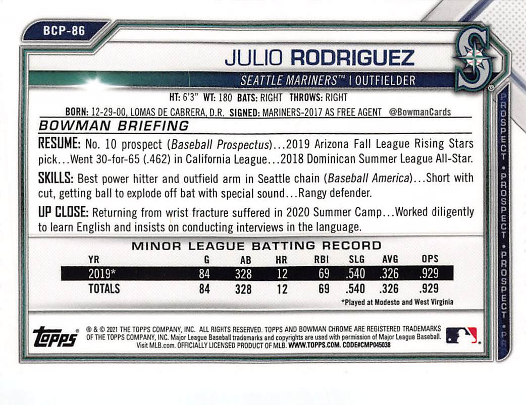 2021 Bowman Chrome Julio Rodriguez Sapphire Refractor Rookie #BCP-86 Mariners