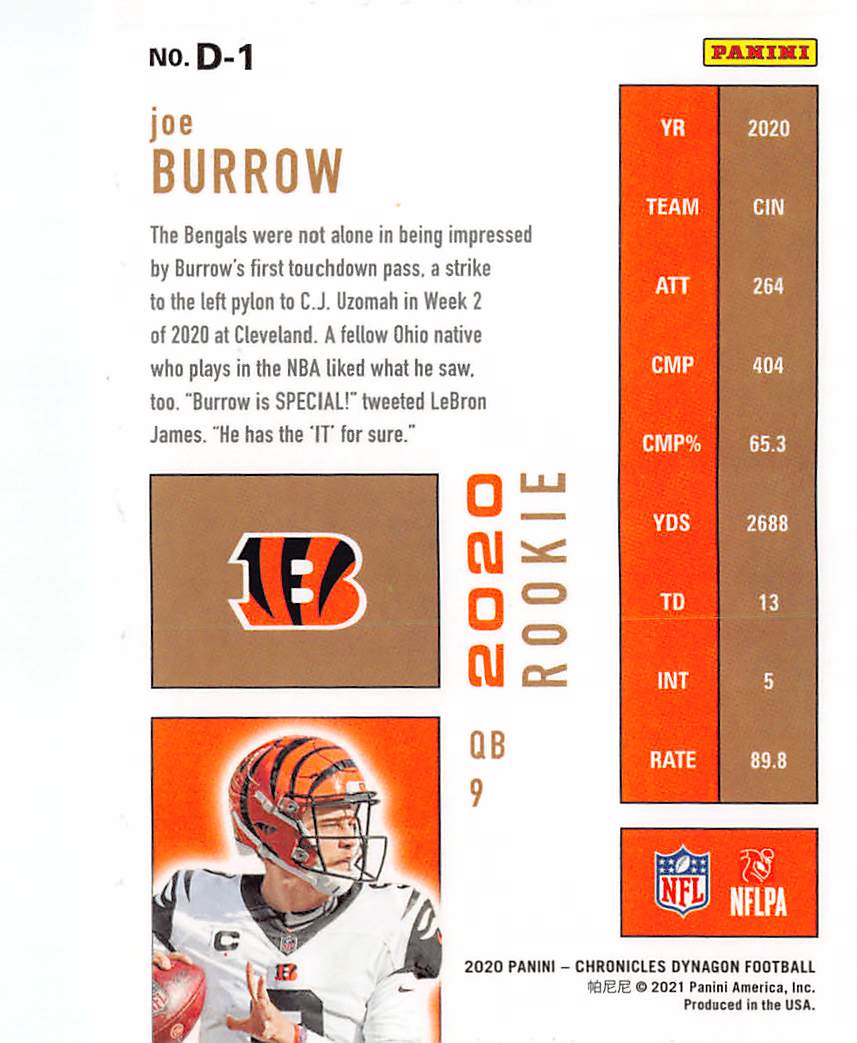 2021 Panini Chronicles Dynagon Football Joe Burrow Rookie RC #D-1 Bengals
