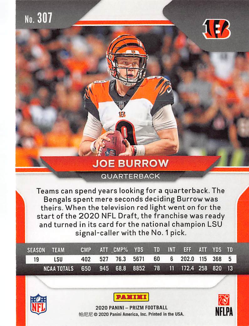 2020 Panini Prizm Football Joe Burrow Rookie RC #307 Cincinnati Bengals