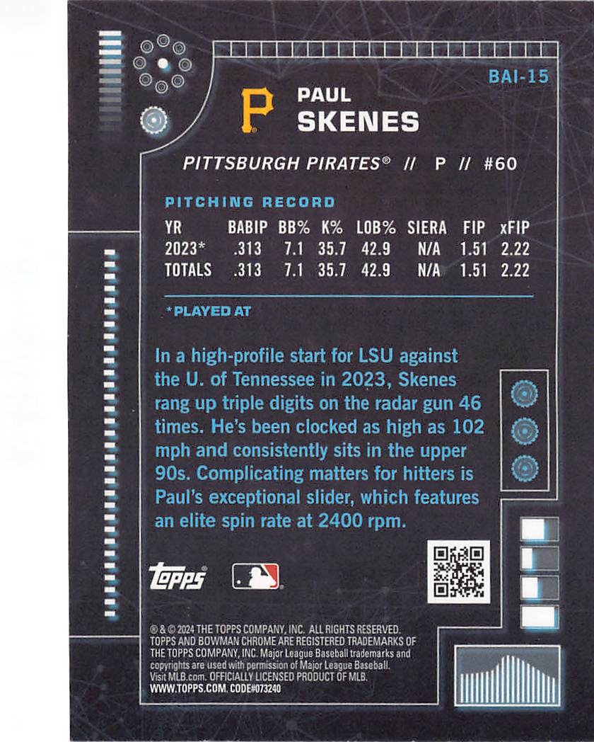 2024 Bowman Chrome Bowman A.I. Paul Skenes Rookie #BAI-15 Pittsburgh Pirates