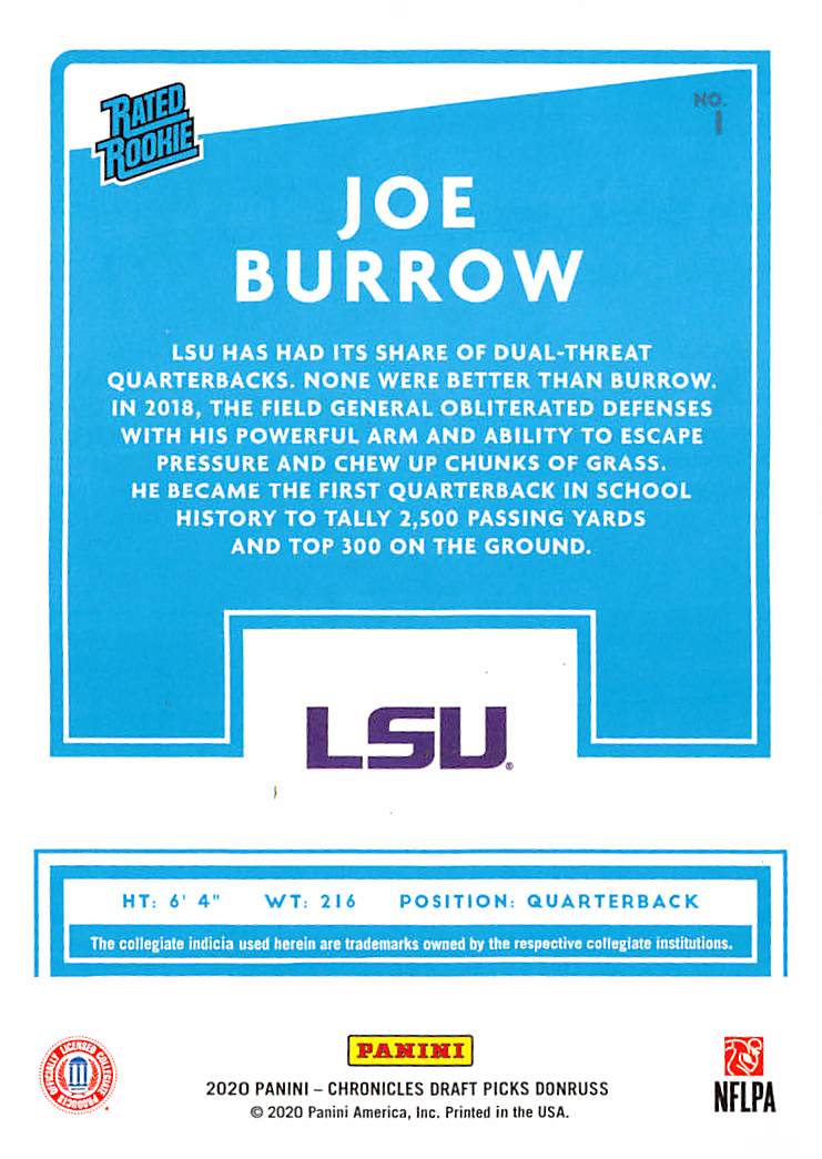 2020 Panini Chronicles Draft Picks Donruss Joe Burrow Press Proof Green Rookie 1