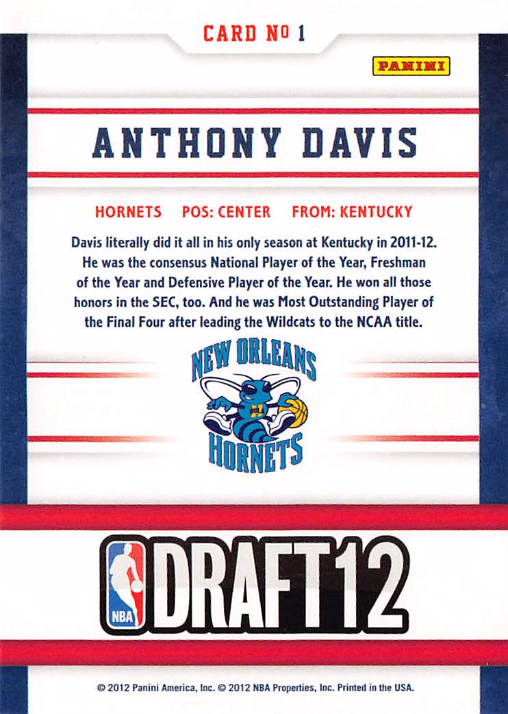 2012 Panini NBA Hoops Draft Night Anthony Davis Rookie #1 New Orleans Hornets