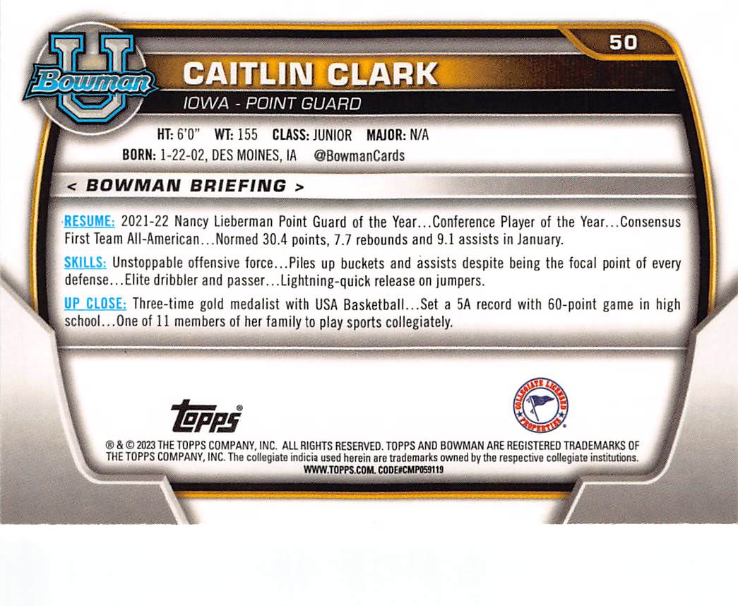 2022-23 Bowman University Caitlin Clark Rookie #50 Iowa Hawkeyes