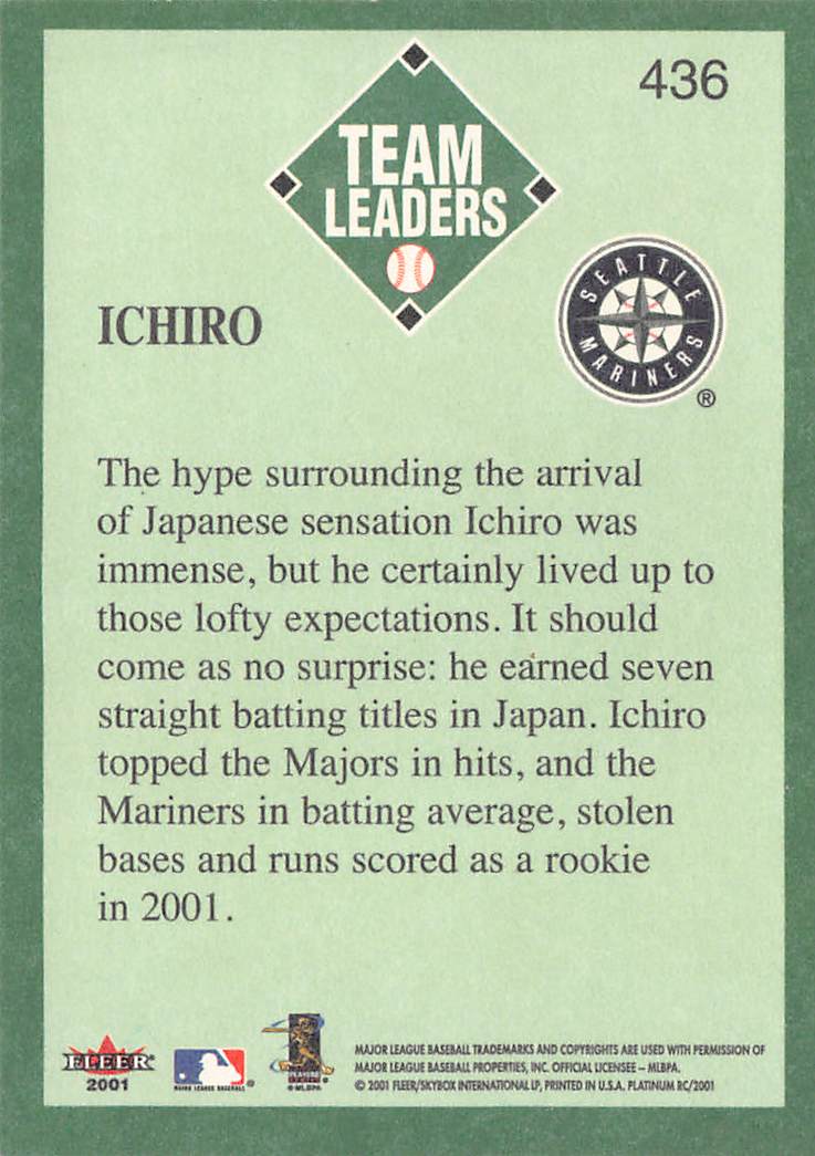 2001 Fleer Platinum RC Ichiro Rookie RC #436 Seattle Mariners