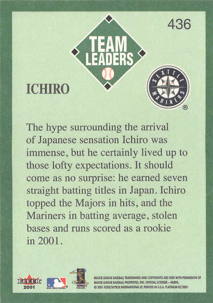 2001 Fleer Platinum RC Ichiro Rookie RC #436 Seattle Mariners