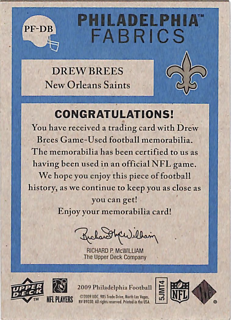 2009 Upper Deck Philadelphia Drew Brees Memorabilia #PF-DB New Orleans Saints
