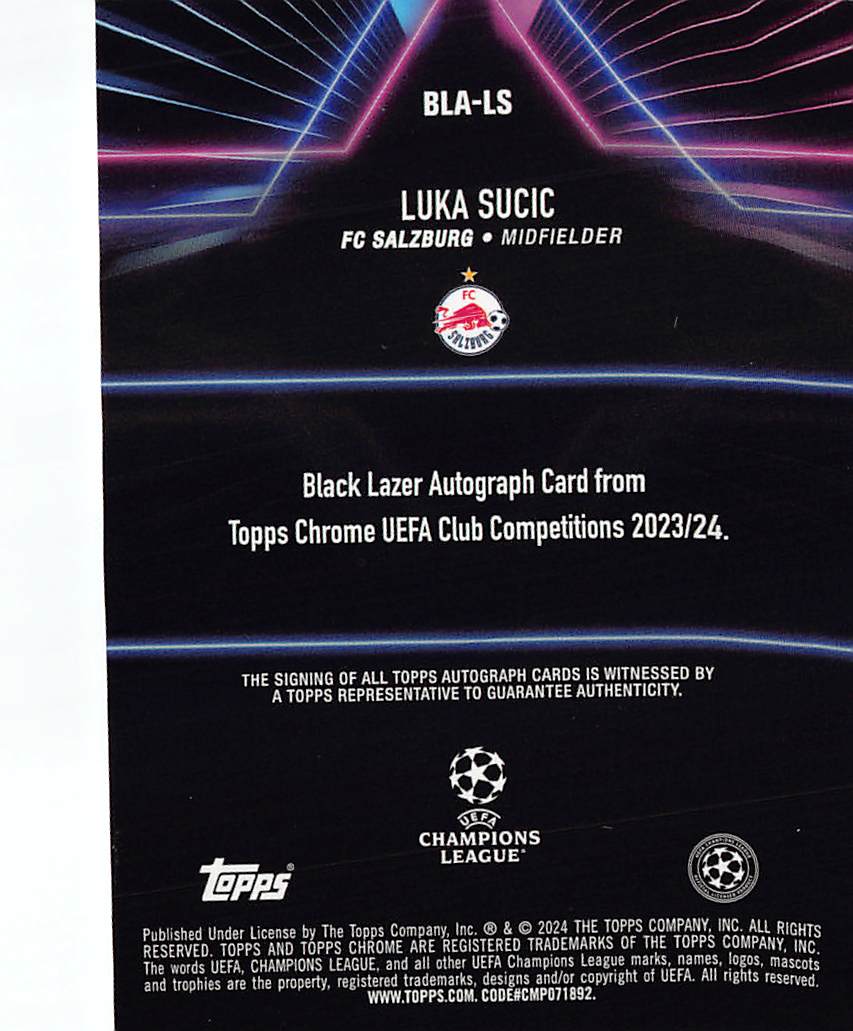 2023-24 Topps Chrome UEFA Luka Sucic Black Lazer Auto #BLA-LS FC Salzburg