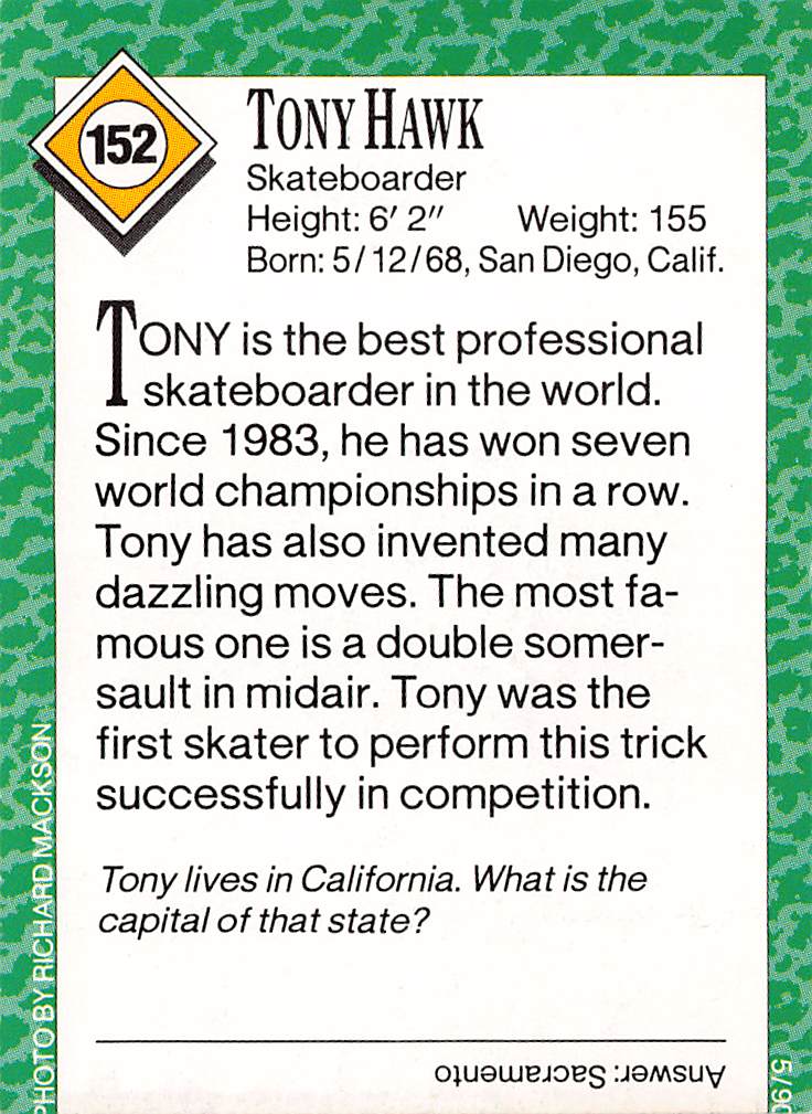 1990 Sports Illustrated For Kids Tony Hawk Rookie #152
