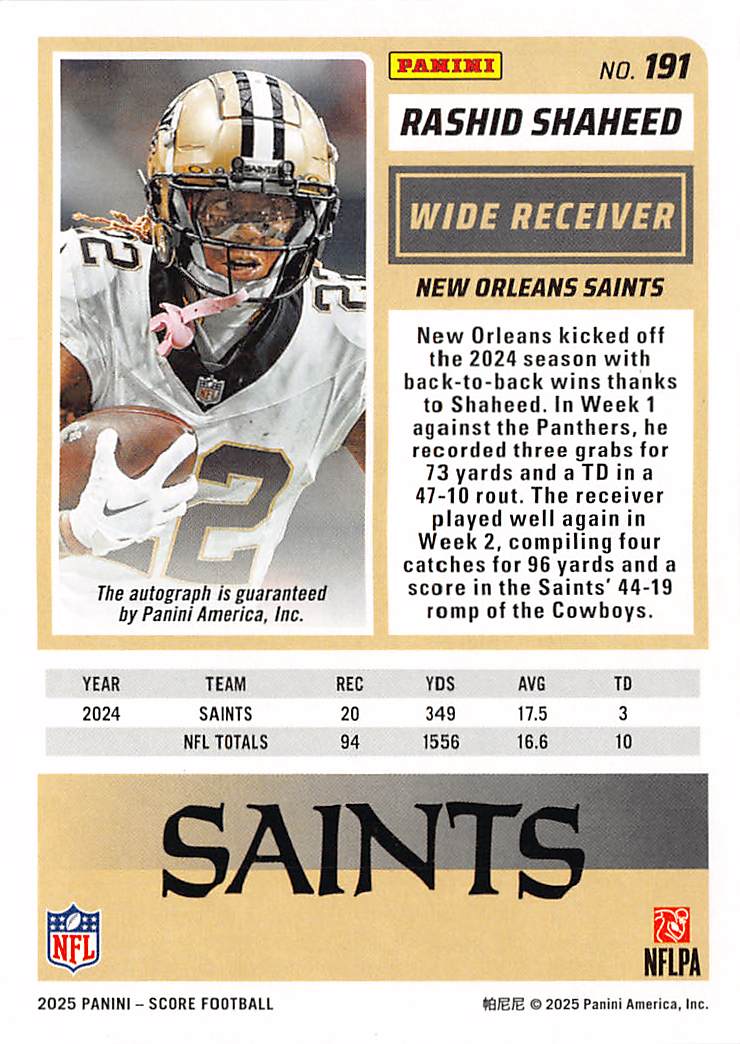 2025 Panini Score Football Rashid Shaheed Green Autograph #191 Saints