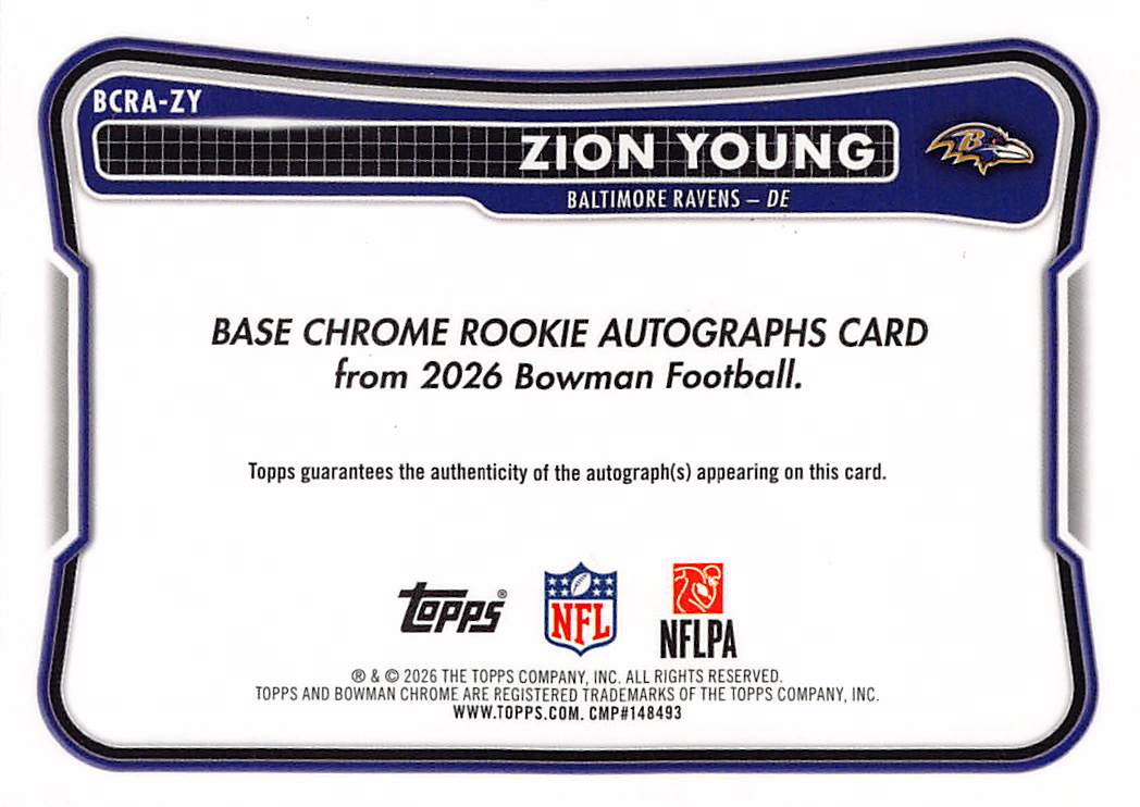 2026 Bowman Chrome Zion Young Rookie Autograph RC #BCRA-ZY Baltimore Ravens