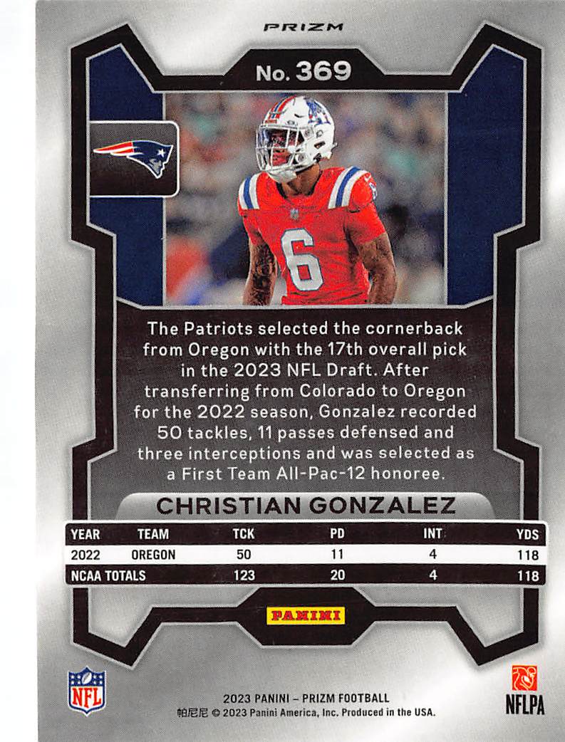 2023 Panini Prizm Christian Gonzalez Red White and Blue Rookie RC #369 Patriots