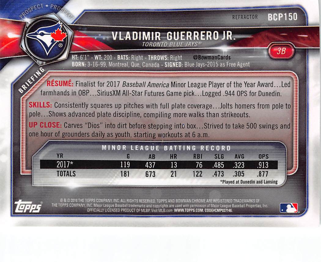 2018 Bowman Chrome Vladimir Guerrero Jr. Refractor /499 Rookie #BCP150 Blue Jays