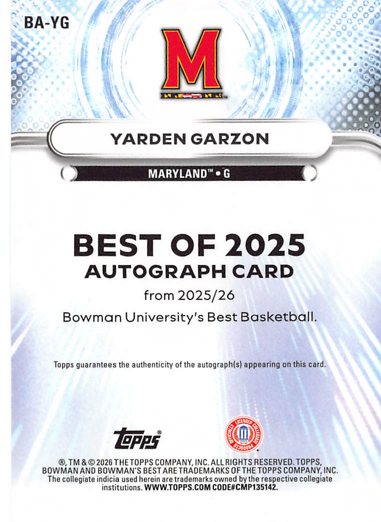 2025-26 Bowman University's Best Yarden Garzon Green Auto /99 #BA-YG Maryland