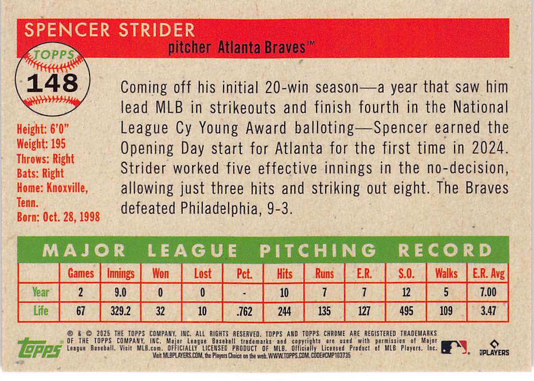 2025 Topps Chrome Platinum Anniversary Spencer Strider Red /5 #148 Braves