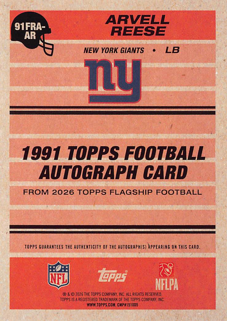 2026 Topps Flagship Football Arvell Reese Rookie Auto RC #91FRA-AR Giants