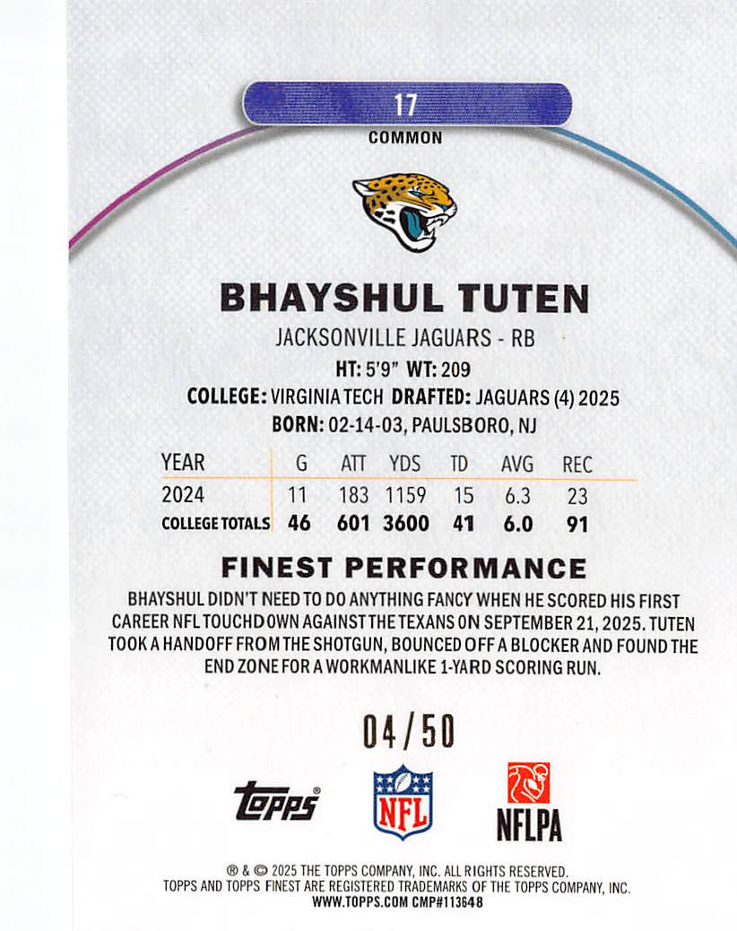 2025 Topps Finest Bhayshul Tuten Gold Refractor /50 Rookie RC #17 Jaguars