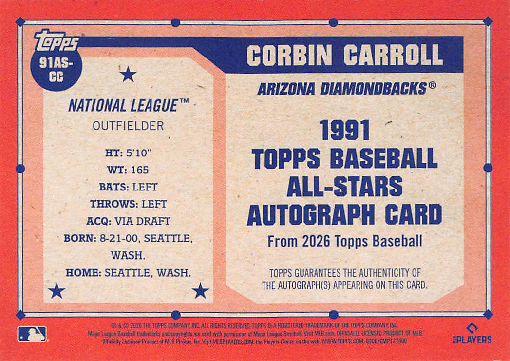 2026 Topps Baseball Corbin Carroll Blue Autograph /150 #91AS-CC Diamondbacks