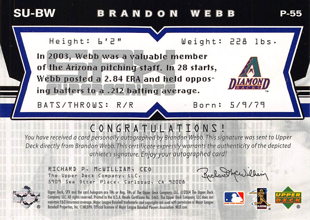 2004 Upper Deck SPx Super Scripts Brandon Webb Auto #SU-BW Arizona Diamondbacks