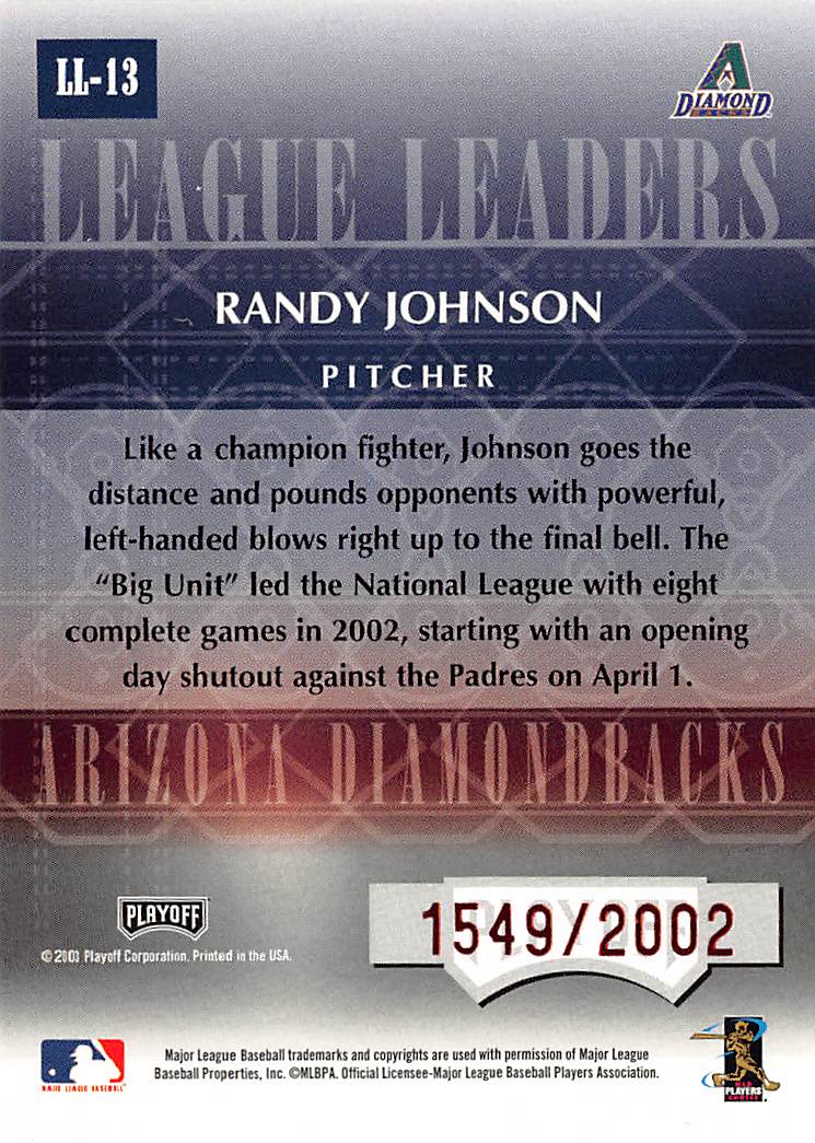 2003 Prestige League Leaders Randy Johnson Red /2002 #LL-13 Diamondbacks