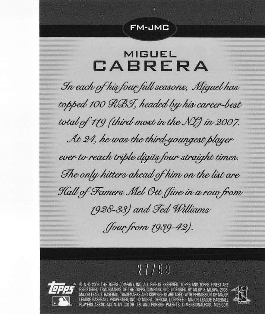 2008 Topps Finest Moments Miguel Cabrera Black Refractor /99 #FM-JMC Marlins