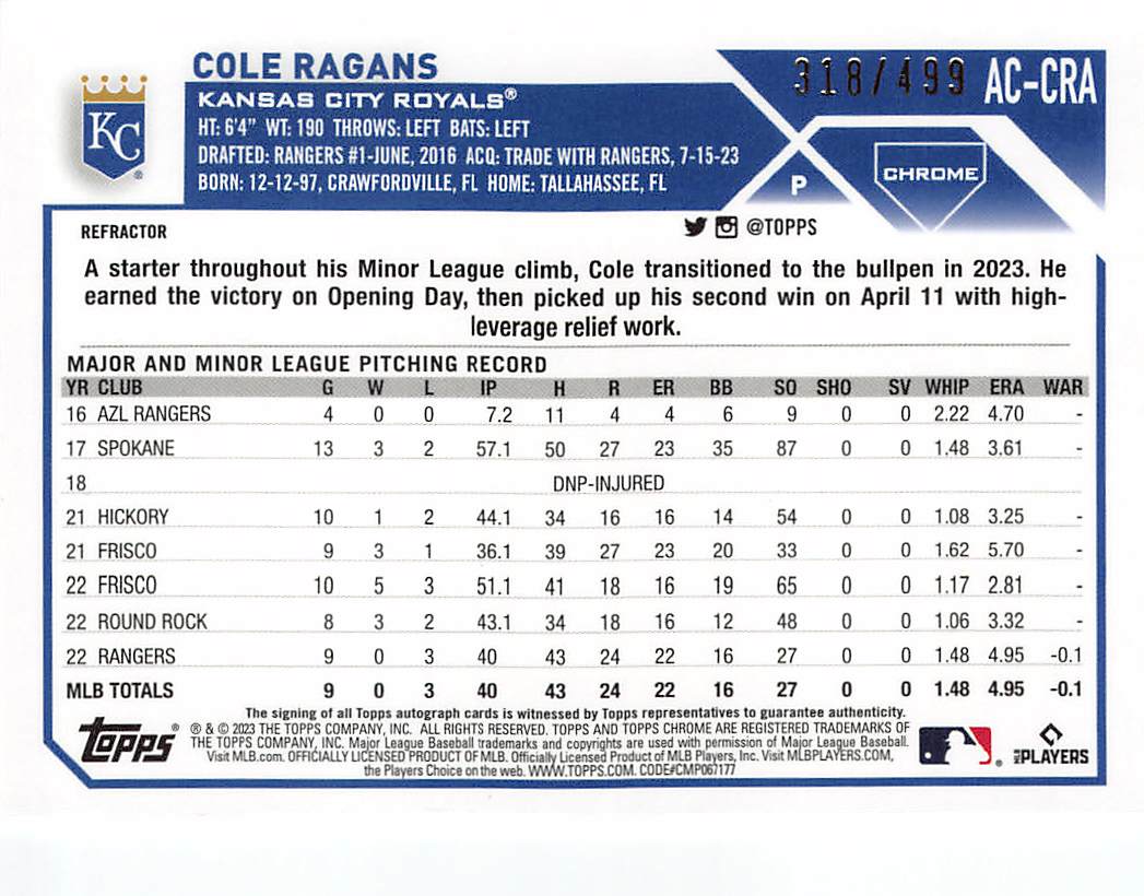 2023 Topps Chrome Update Series Cole Ragans Autograph Rookie RC #AC-CRA Royals