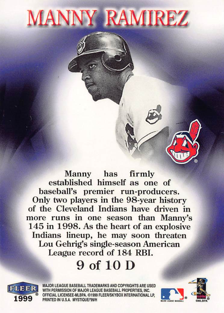 1999 Fleer Mystique Destiny Manny Ramirez /999 #9 of 10 D Cleveland Indians